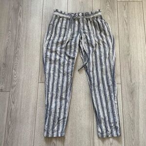Cali 1850 Striped Paper Bag Waist Pant Women's Blue White Pockets Waist Belt L